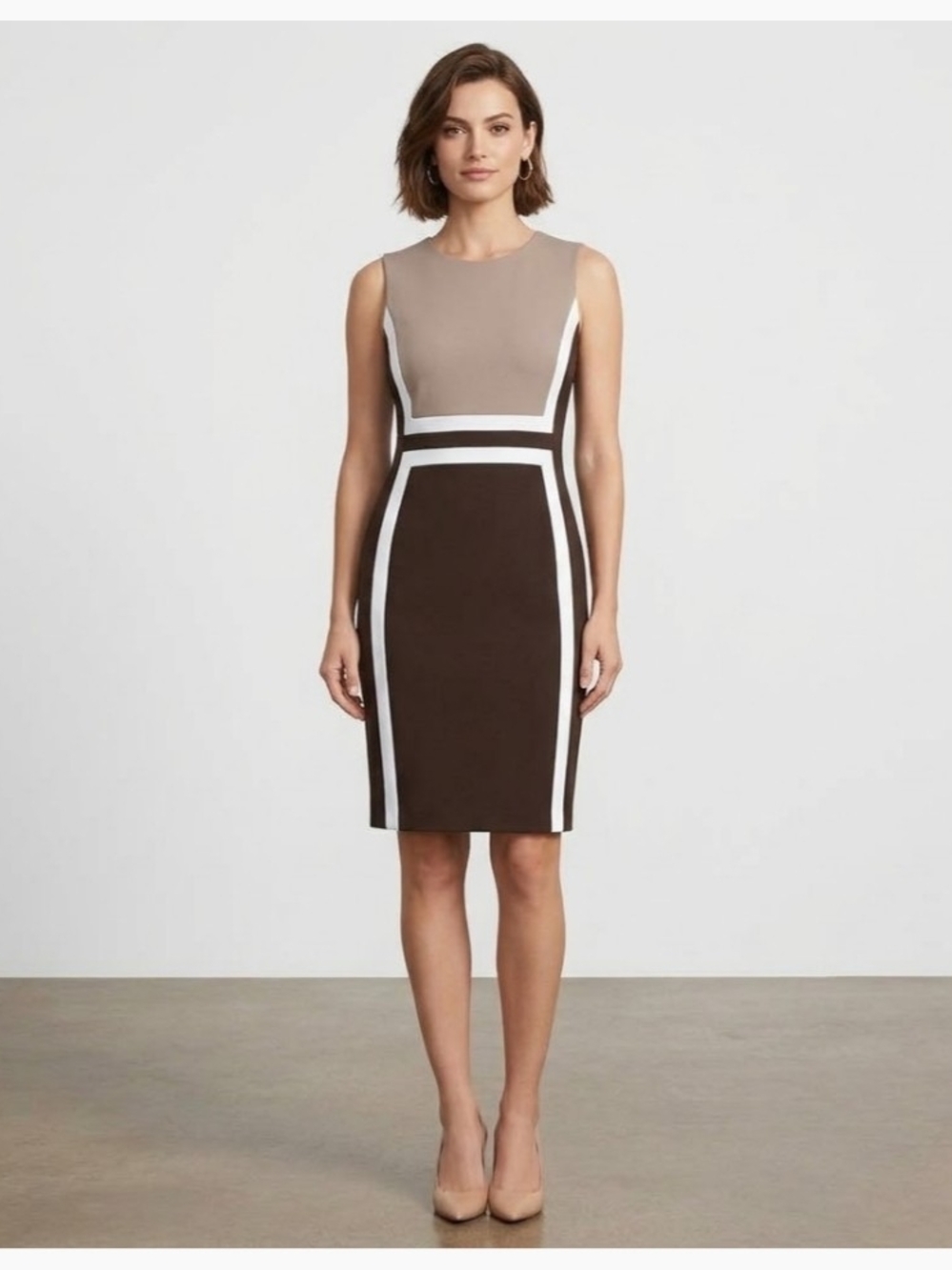 NEW! Calvin Klein Two-Tone Sheath Dress in Taupe and Chocolate Sz 8 NWT